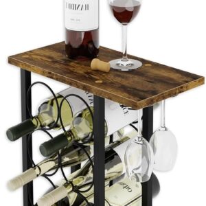 CARLA HOME Wine Rack Countertop Wooden & Metal Holder for 6 Bottles & 2 Glasses