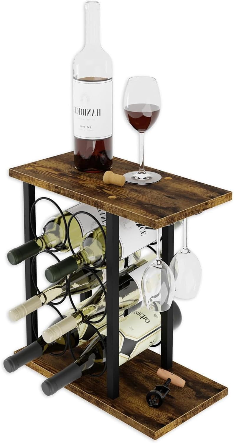 CARLA HOME Wine Rack Countertop Wooden & Metal Holder for 6 Bottles & 2 Glasses
