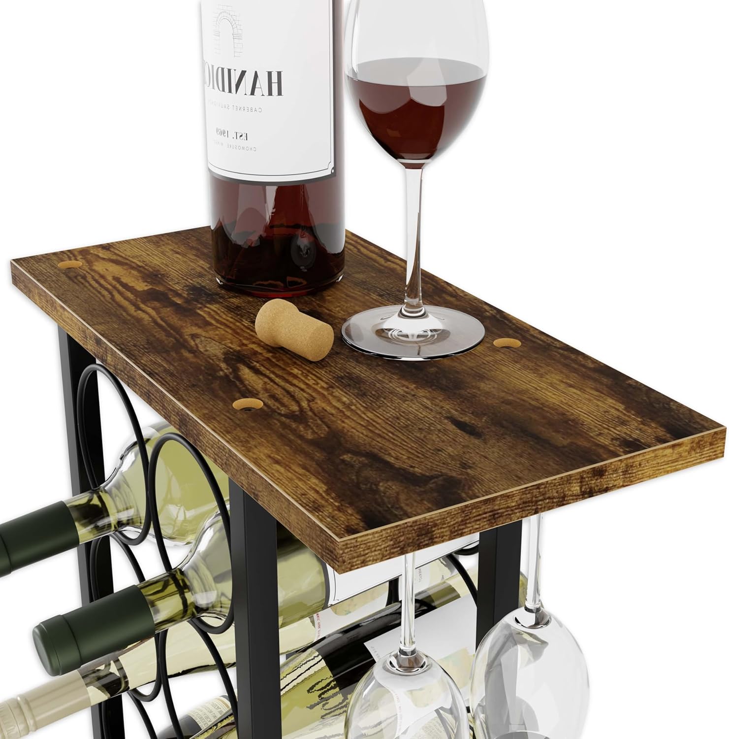 CARLA HOME Wine Rack Countertop Wooden & Metal Holder for 6 Bottles & 2 Glasses - Image 2