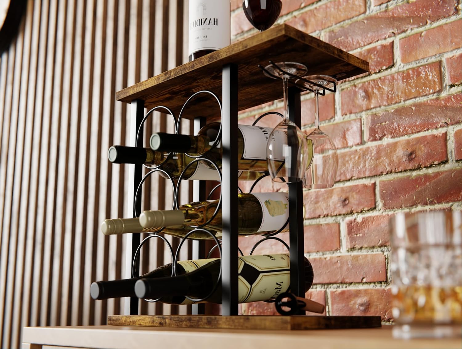 CARLA HOME Wine Rack Countertop Wooden & Metal Holder for 6 Bottles & 2 Glasses - Image 3