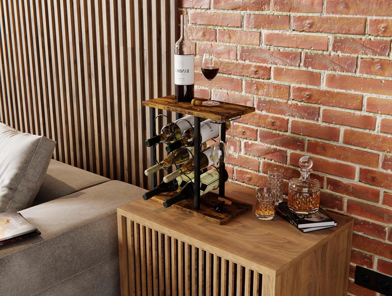 CARLA HOME Wine Rack Countertop Wooden & Metal Holder for 6 Bottles & 2 Glasses - Image 4