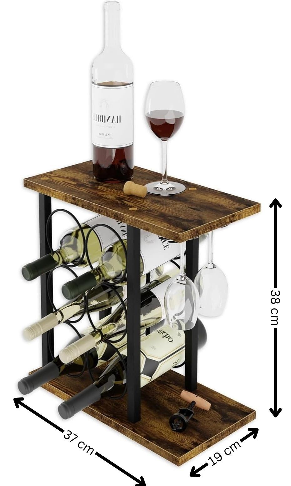 CARLA HOME Wine Rack Countertop Wooden & Metal Holder for 6 Bottles & 2 Glasses - Image 9
