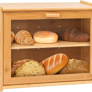 CARLA HOME Double Layer Bamboo Bread Box for Kitchen Counter with Large Capacity and Transparent Window