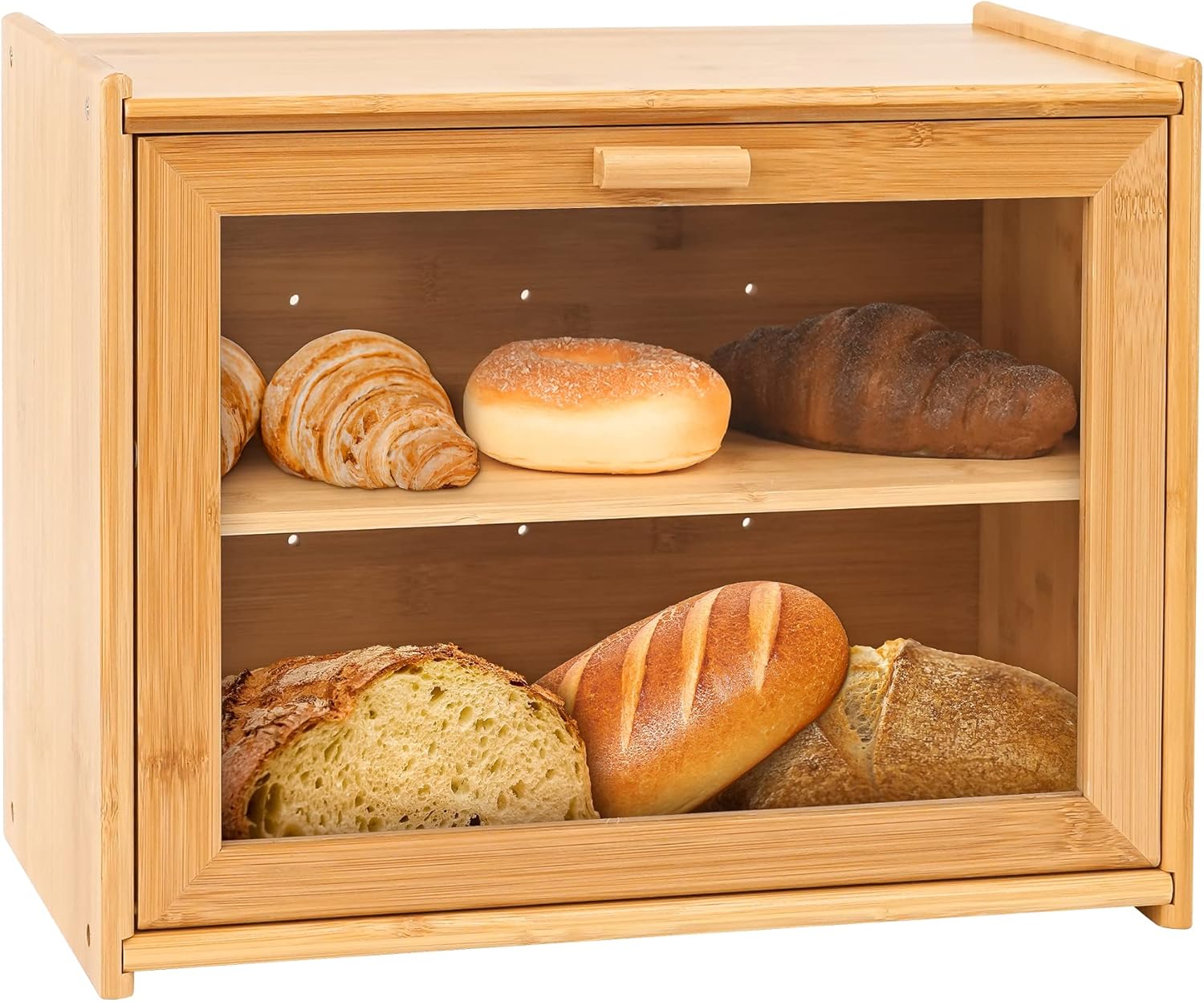 CARLA HOME Double Layer Bamboo Bread Box for Kitchen Counter with Large Capacity and Transparent Window