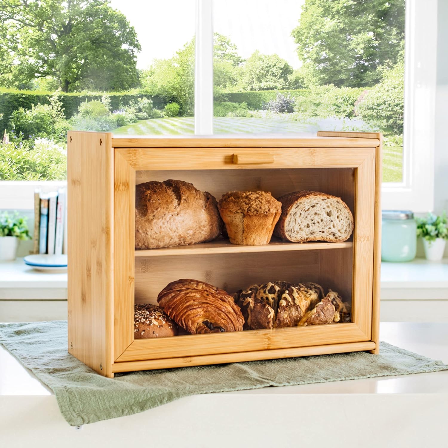 CARLA HOME Double Layer Bamboo Bread Box for Kitchen Counter with Large Capacity and Transparent Window - Image 2