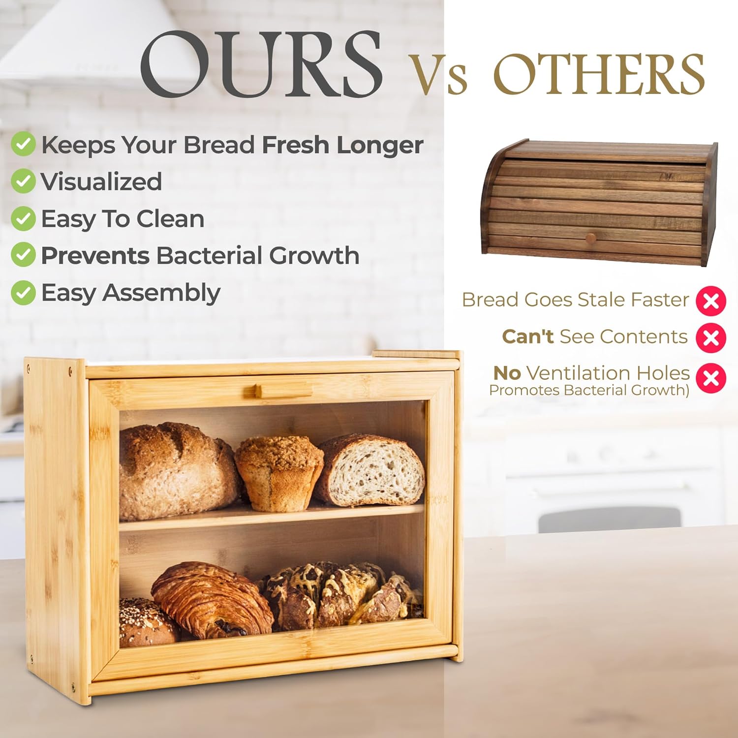 CARLA HOME Double Layer Bamboo Bread Box for Kitchen Counter with Large Capacity and Transparent Window - Image 4