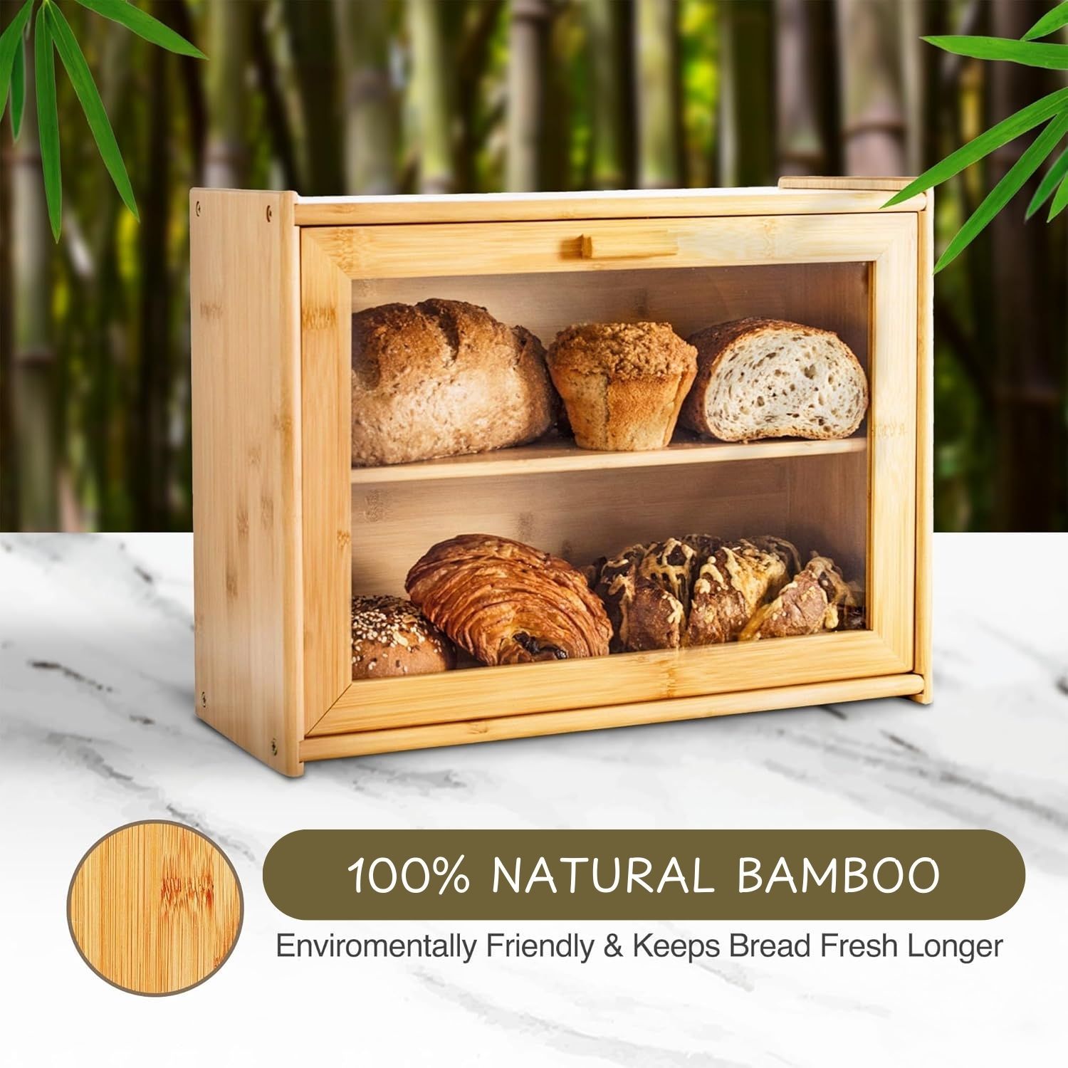 CARLA HOME Double Layer Bamboo Bread Box for Kitchen Counter with Large Capacity and Transparent Window - Image 5