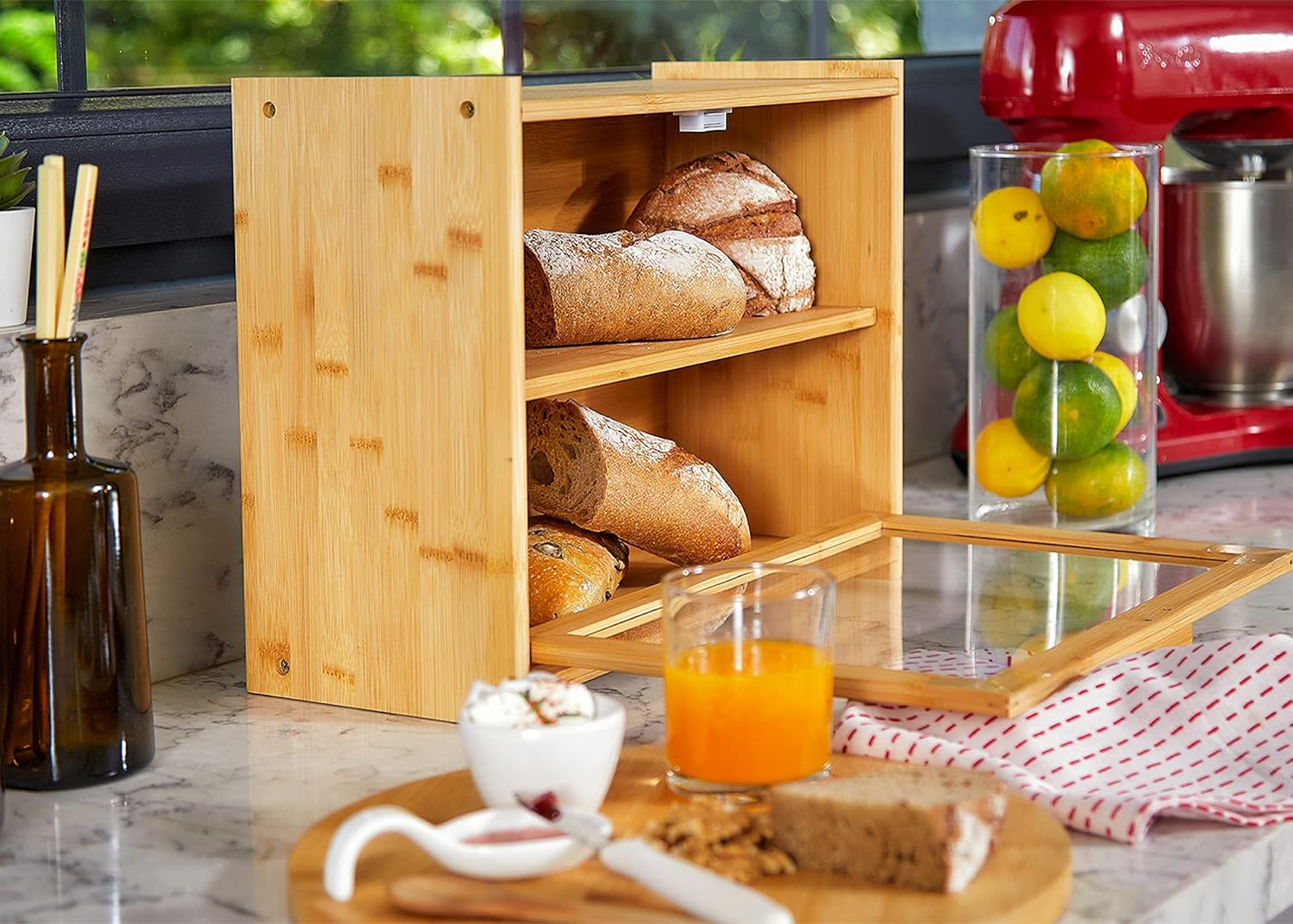 CARLA HOME Double Layer Bamboo Bread Box for Kitchen Counter with Large Capacity and Transparent Window - Image 9