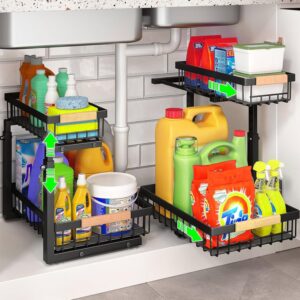 CARLA HOME Set 2 pcs - 2-Tier Kitchen Under Sink Organiser Storage with Height Adjustable, Unique Slide Rail & Suction Cups for Storage
