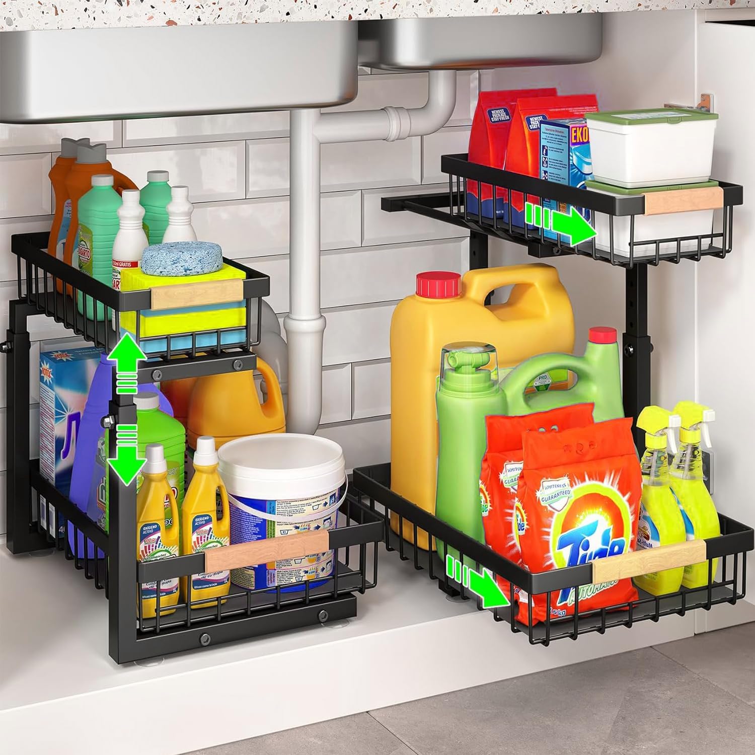 CARLA HOME Set 2 pcs - 2-Tier Kitchen Under Sink Organiser Storage with Height Adjustable, Unique Slide Rail & Suction Cups for Storage