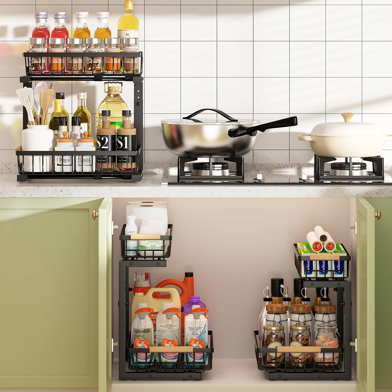 CARLA HOME Set 2 pcs - 2-Tier Kitchen Under Sink Organiser Storage with Height Adjustable, Unique Slide Rail & Suction Cups for Storage - Image 2