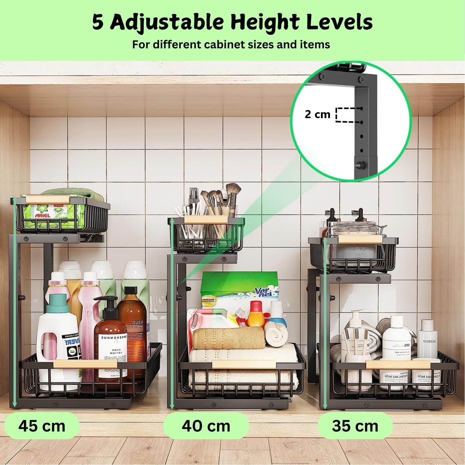 CARLA HOME Set 2 pcs - 2-Tier Kitchen Under Sink Organiser Storage with Height Adjustable, Unique Slide Rail & Suction Cups for Storage - Image 4