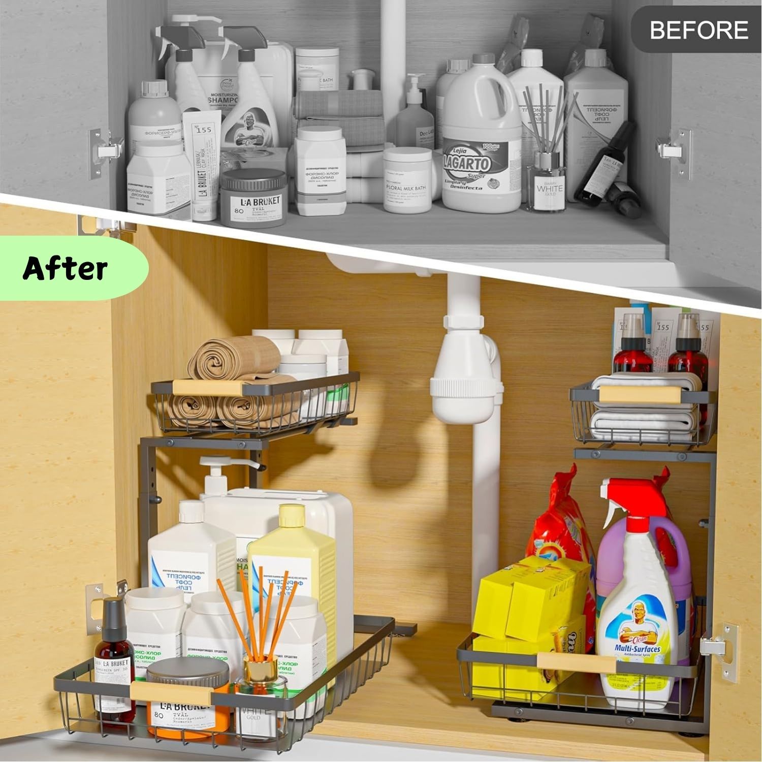 CARLA HOME Set 2 pcs - 2-Tier Kitchen Under Sink Organiser Storage with Height Adjustable, Unique Slide Rail & Suction Cups for Storage - Image 7