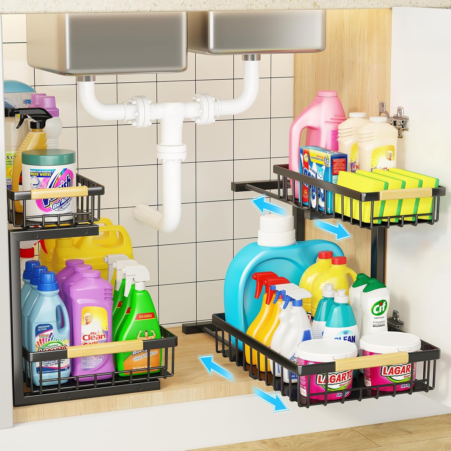 CARLA HOME Set 2 pcs - 2-Tier Kitchen Under Sink Organiser Storage with Height Adjustable, Unique Slide Rail & Suction Cups for Storage - Image 9