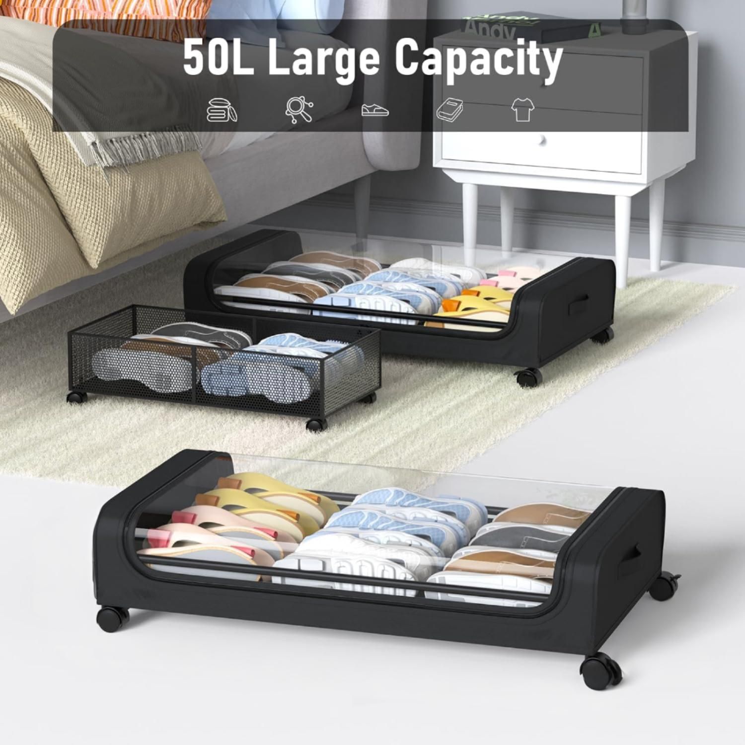 CARLA HOME Set 2 Pcs XXL Under Bed Rolling Storage Containers with 50L Large Capacity and Wheels - Image 2