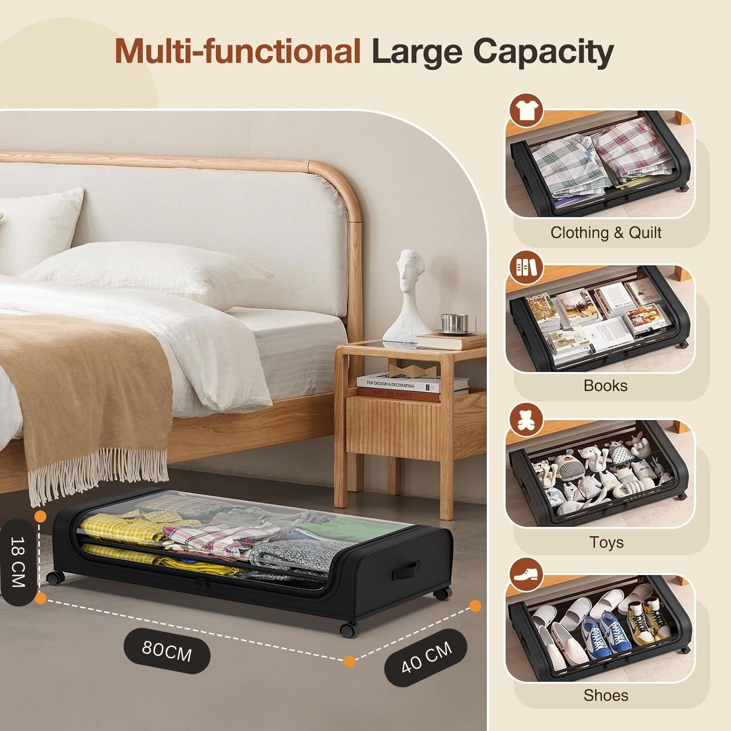 CARLA HOME Set 2 Pcs XXL Under Bed Rolling Storage Containers with 50L Large Capacity and Wheels - Image 3