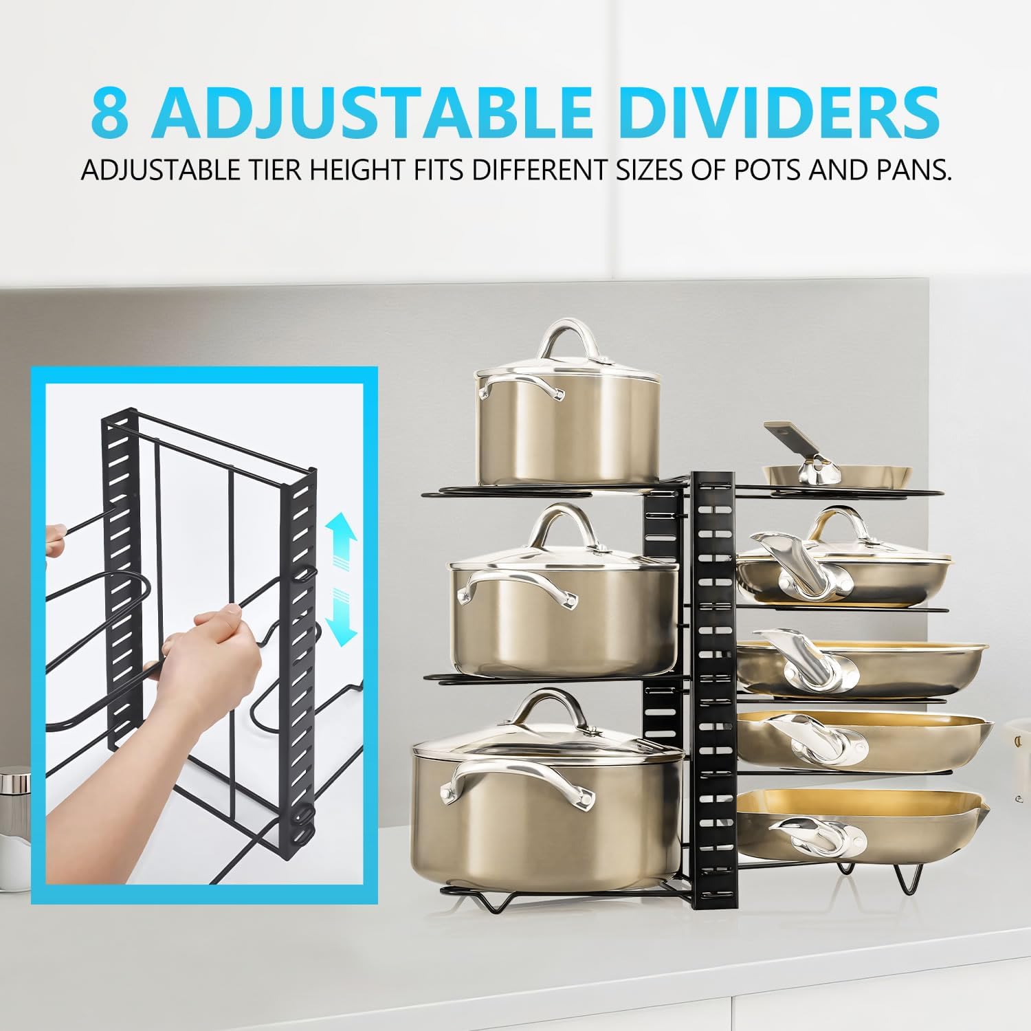 CARLA HOME Adjustable 8-Tier Pan Rack Pot Organizer for Kitchen Cabinet - Image 6