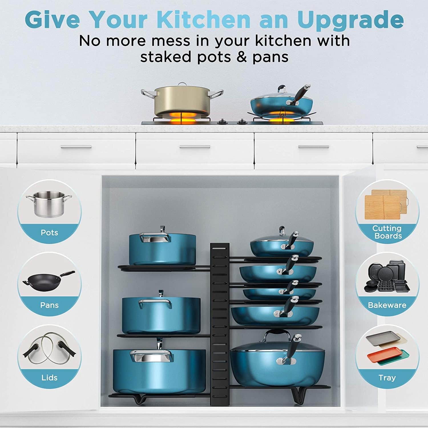 CARLA HOME Adjustable 8-Tier Pan Rack Pot Organizer for Kitchen Cabinet - Image 7