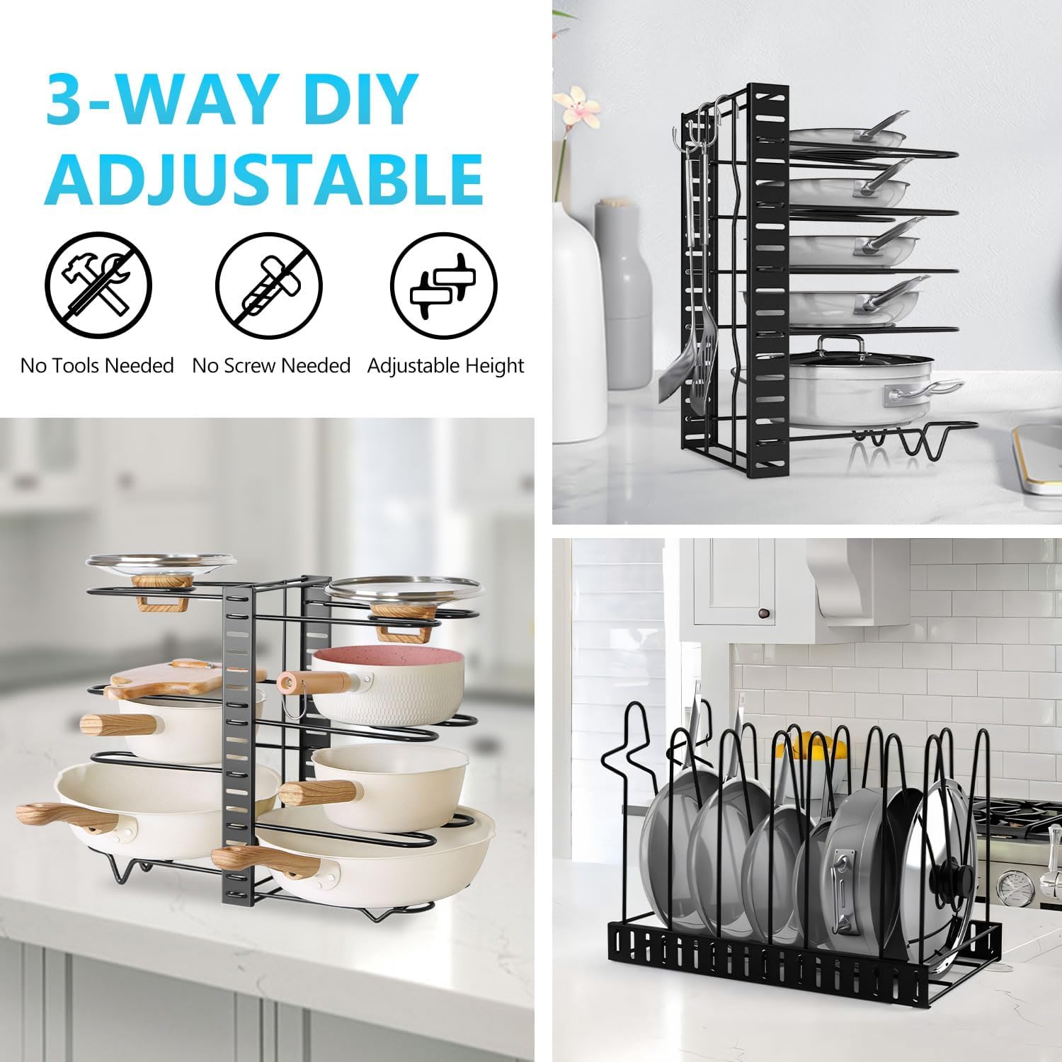 CARLA HOME Adjustable 8-Tier Pan Rack Pot Organizer for Kitchen Cabinet - Image 8